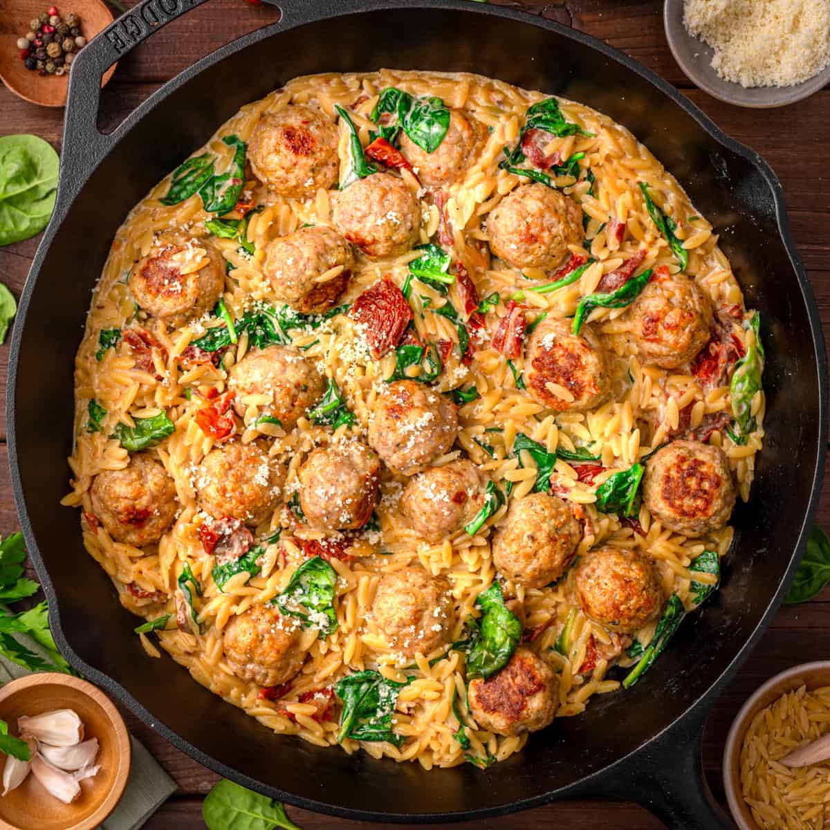 Flavorful Baked Chicken Meatballs with Creamy Orzo & Lemon Dill Sauce